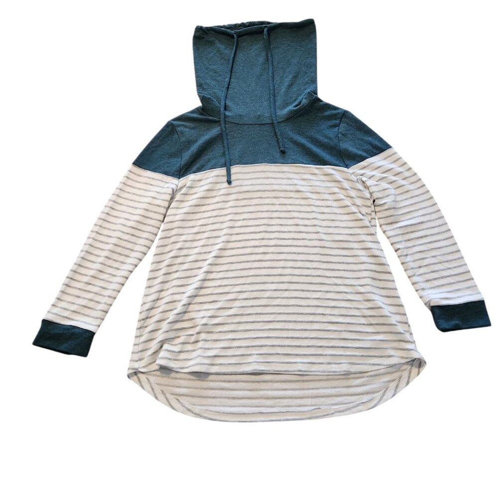Staccato Cowl Neck Sweater Blue Colorblock Lightweight‎ Womens Large EUC